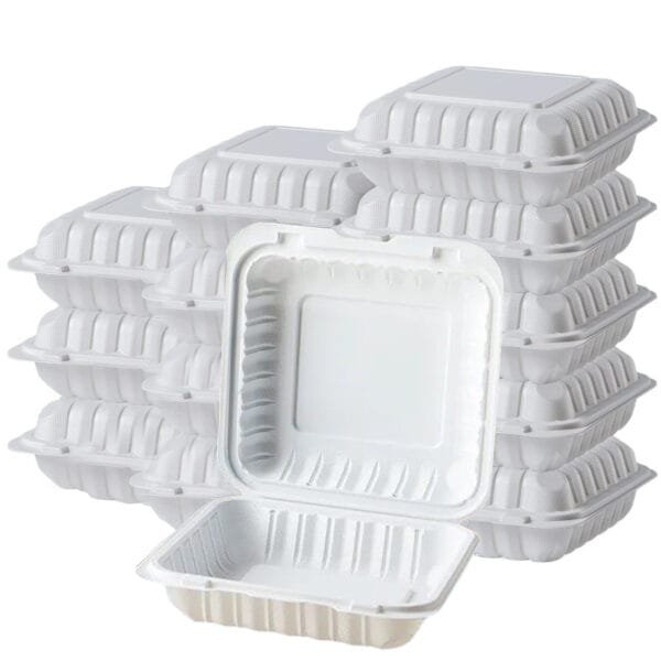 8” x 8” x 3” 1-Compartment Microwaveable White Mineral-Filled Plastic Hinged Take-Out Container – 150/Case | Reliable Take-Out Solutions for Buffalo Foodservice - Image 3