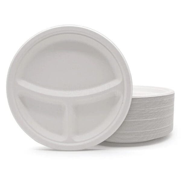 Eco-Friendly Compostable Bamboo Bagasse 9” 3-Compartment Plate – 500/Case | PFAS-Free Plates for NYC Foodservice - Image 3