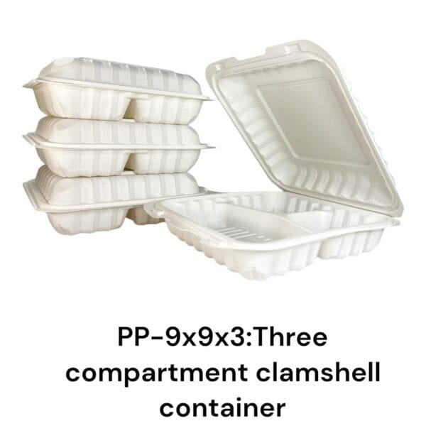 9” x 9” x 3” 3-Compartment Microwaveable White Mineral-Filled Plastic Hinged Take-Out Container – 150/Case | Reliable Take-Out Solutions for Buffalo Foodservice - Image 4