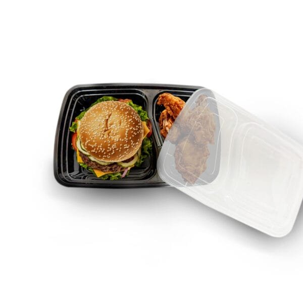 30 oz. Black 8-3/4''x6''x2-3/4'' 2-Compartment Rectangular Microwavable Heavyweight Container with Lid - 150/Case | Medcostaurent for Buffalo Take-Out - Image 6