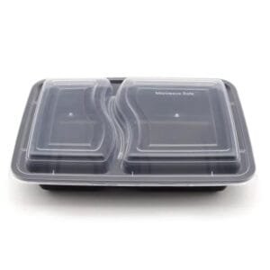 30 oz. Black 8-3/4''x6''x2-3/4'' 2-Compartment Rectangular Microwavable Heavyweight Container with Lid - 150/Case | Medcostaurent for Buffalo Take-Out