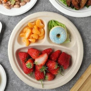 Eco-Friendly Compostable Bamboo Bagasse 9” 3-Compartment Plate – 500/Case | PFAS-Free Plates for NYC Foodservice