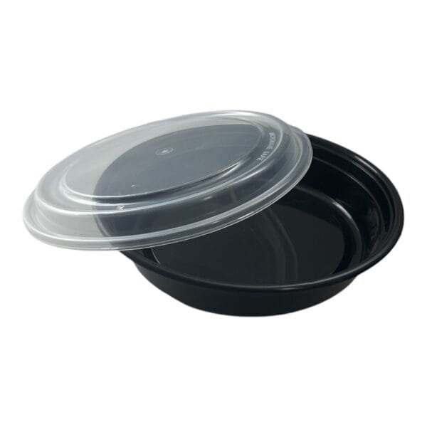 48 oz. Black Round Microwavable Heavyweight Container with Lid 9'' - 150/Case | Medcostaurent for Buffalo Take-Out
