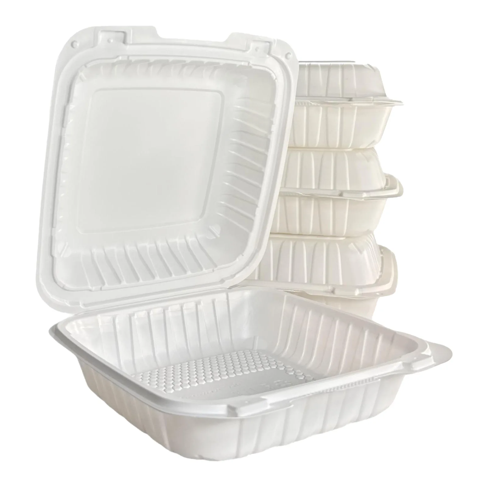 9” x 9” x 3” 1-Compartment Microwaveable White Mineral-Filled Plastic Hinged Take-Out Container – 150/Case | Reliable Take-Out Solutions for Buffalo Foodservice - Image 4