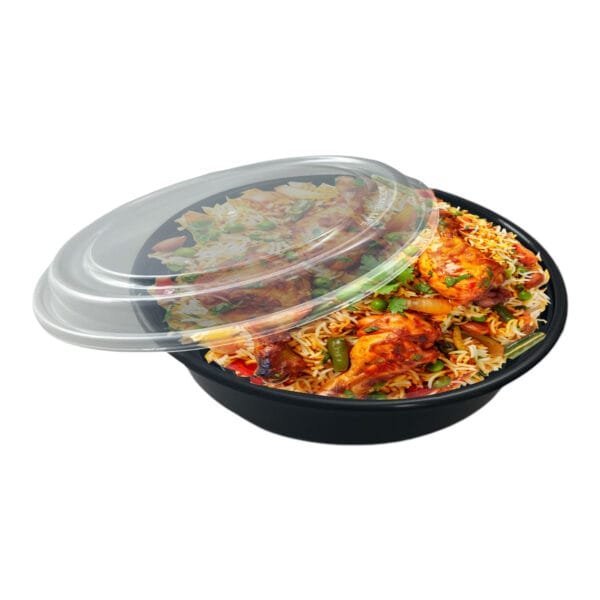 48 oz. Black Round Microwavable Heavyweight Container with Lid 9'' - 150/Case | Medcostaurent for Buffalo Take-Out - Image 5