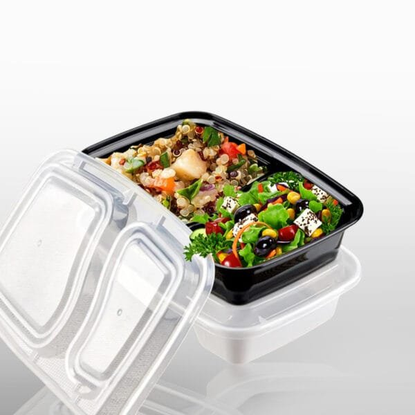 30 oz. Black 8-3/4''x6''x2-3/4'' 2-Compartment Rectangular Microwavable Heavyweight Container with Lid - 150/Case | Medcostaurent for Buffalo Take-Out - Image 2