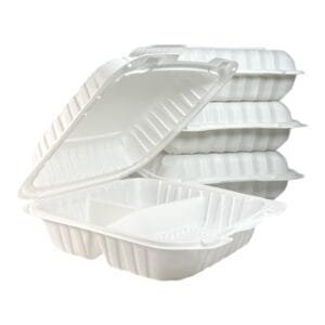 9” x 9” x 3” 3-Compartment Microwaveable White Mineral-Filled Plastic Hinged Take-Out Container – 150/Case | Reliable Take-Out Solutions for Buffalo Foodservice