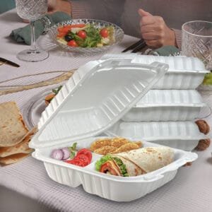 8” x 8” x 3” 3-Compartment Microwaveable White Mineral-Filled Plastic Hinged Take-Out Container – 150/Case | Reliable Take-Out Solutions for Buffalo Foodservice