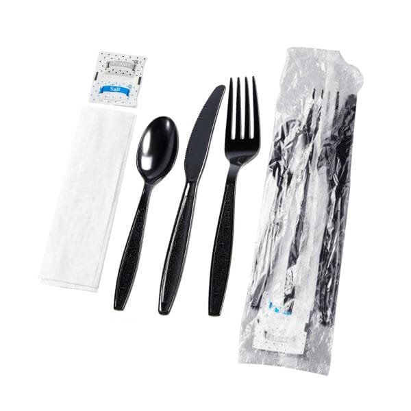 Black Heavy Weight Wrapped Polystyrene Plastic Cutlery Pack with Napkin and Salt & Pepper Packets – 250/Case | All-in-One Disposable Kits for Buffalo Foodservice