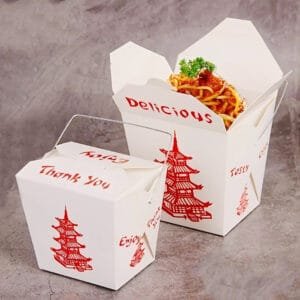 Fold-Pak 32 oz. Pagoda Chinese Asian Paper Take-Out Container with Wire Handle – 500/Case | Reliable Take-Out Solutions for Buffalo Foodservice