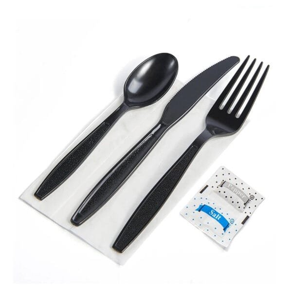 Black Heavy Weight Wrapped Polystyrene Plastic Cutlery Pack with Napkin and Salt & Pepper Packets – 250/Case | All-in-One Disposable Kits for Buffalo Foodservice - Image 3