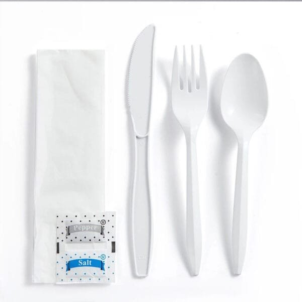 White Medium Weight Wrapped Polypropylene Plastic Cutlery Pack with Napkin and Salt & Pepper Packets – 420/Case | All-in-One Disposable Kits for Buffalo Foodservice - Image 3