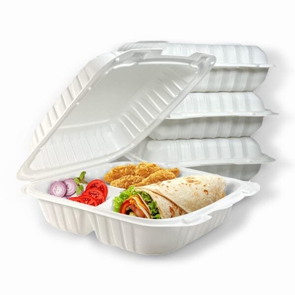 8" x 8" x 3" 3-Compartment Microwaveable White Mineral-Filled Plastic Hinged Take-Out Container – 150/Case | Durable Take-Out Containers for Buffalo Foodservice - Image 5