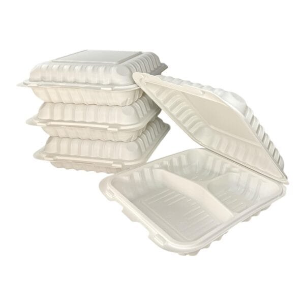 9" x 9" x 3" 3-Compartment Microwaveable White Mineral-Filled Plastic Hinged Take-Out Container – 150/Case | Durable Containers for Buffalo Foodservice - Image 6