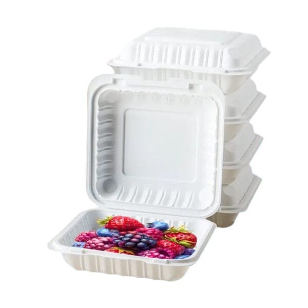 8" x 8" x 3" 1-Compartment Microwaveable White Mineral-Filled Plastic Hinged Take-Out Container – 150/Case | Durable Take-Out Containers for Buffalo Foodservice