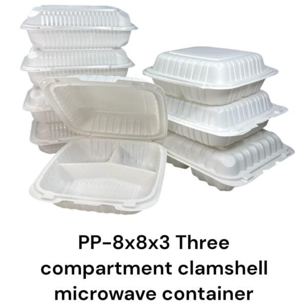 8" x 8" x 3" 3-Compartment Microwaveable White Mineral-Filled Plastic Hinged Take-Out Container – 150/Case | Durable Take-Out Containers for Buffalo Foodservice - Image 7