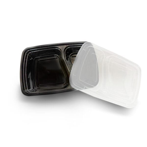 30 oz. Black 2-Compartment Microwavable Heavy Weight Container with Lid – 150/Case | Durable Take-Out Containers for Buffalo Foodservice - Image 2