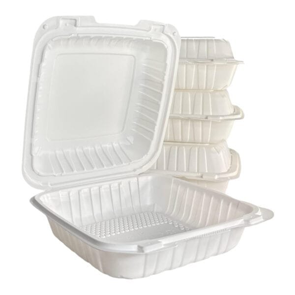 9" x 9" x 3" 1-Compartment Microwaveable White Mineral-Filled Plastic Hinged Take-Out Container – 150/Case | Durable Take-Out Containers for Buffalo Foodservice - Image 3