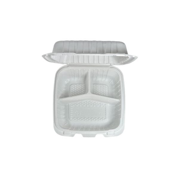 8" x 8" x 3" 3-Compartment Microwaveable White Mineral-Filled Plastic Hinged Take-Out Container – 150/Case | Durable Take-Out Containers for Buffalo Foodservice - Image 6