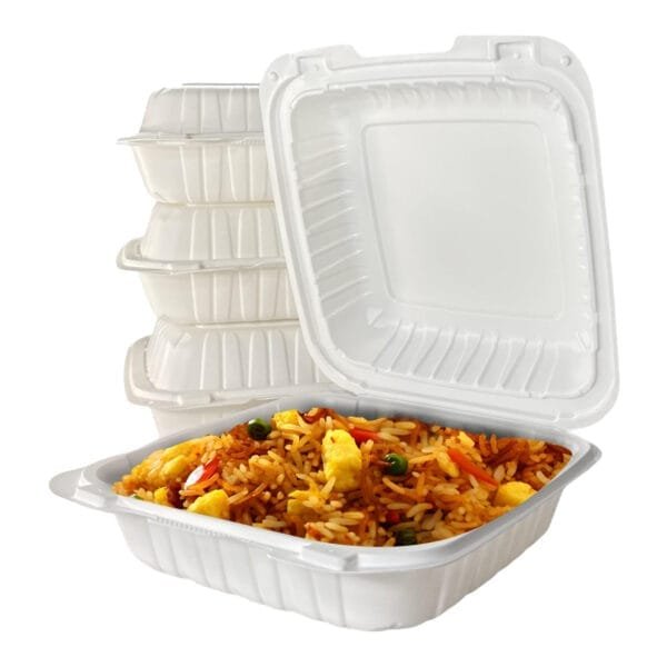 9" x 9" x 3" 1-Compartment Microwaveable White Mineral-Filled Plastic Hinged Take-Out Container – 150/Case | Durable Take-Out Containers for Buffalo Foodservice