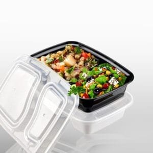 30 oz. Black 2-Compartment Microwavable Heavy Weight Container with Lid – 150/Case | Durable Take-Out Containers for Buffalo Foodservice