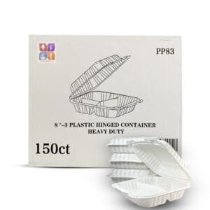 8" x 8" x 3" 3-Compartment Microwaveable White Mineral-Filled Plastic Hinged Take-Out Container – 150/Case | Durable Take-Out Containers for Buffalo Foodservice