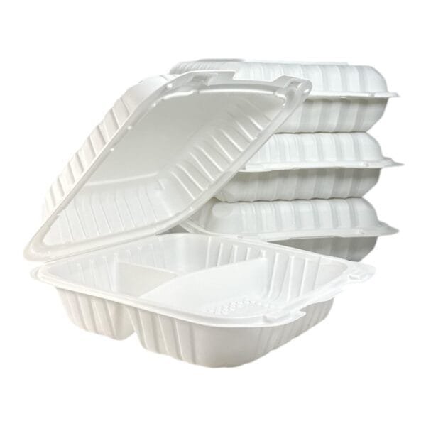 9" x 9" x 3" 3-Compartment Microwaveable White Mineral-Filled Plastic Hinged Take-Out Container – 150/Case | Durable Containers for Buffalo Foodservice - Image 2