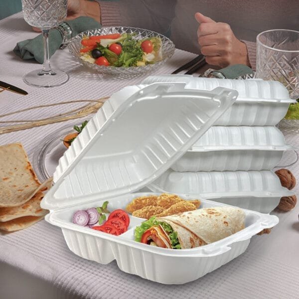 8" x 8" x 3" 3-Compartment Microwaveable White Mineral-Filled Plastic Hinged Take-Out Container – 150/Case | Durable Take-Out Containers for Buffalo Foodservice - Image 4