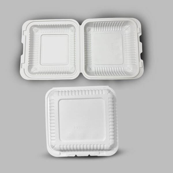 8" x 8" x 3" 1-Compartment Microwaveable White Mineral-Filled Plastic Hinged Take-Out Container – 150/Case | Durable Take-Out Containers for Buffalo Foodservice - Image 2