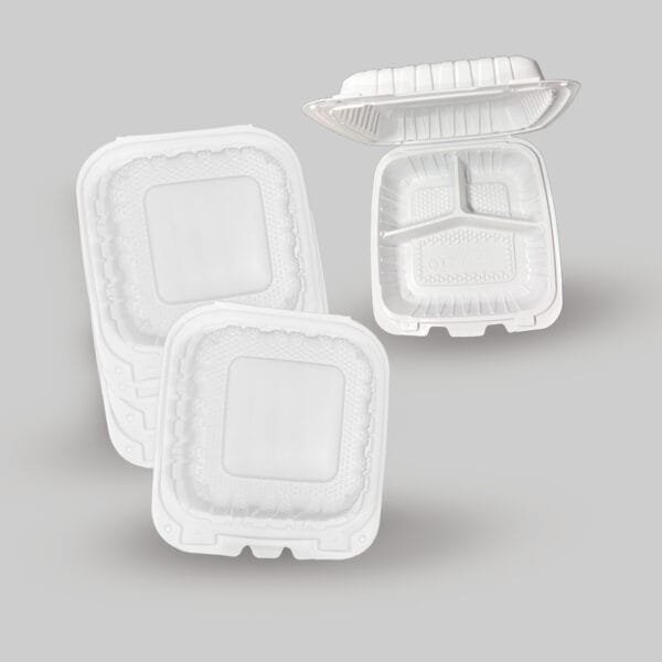 8" x 8" x 3" 3-Compartment Microwaveable White Mineral-Filled Plastic Hinged Take-Out Container – 150/Case | Durable Take-Out Containers for Buffalo Foodservice - Image 2