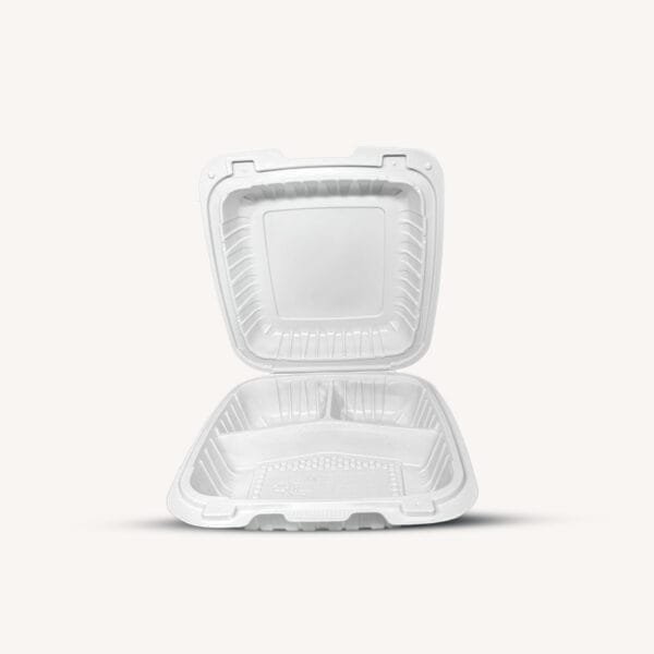 9" x 9" x 3" 3-Compartment Microwaveable White Mineral-Filled Plastic Hinged Take-Out Container – 150/Case | Durable Containers for Buffalo Foodservice - Image 3