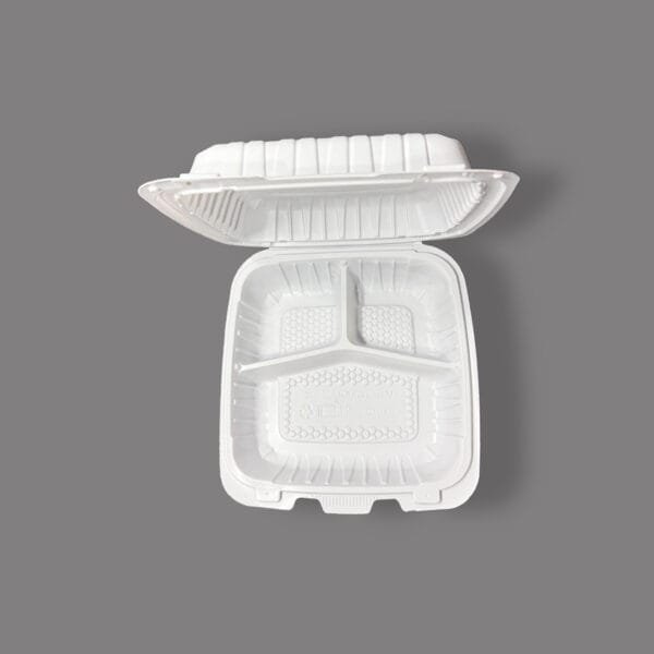 9" x 9" x 3" 3-Compartment Microwaveable White Mineral-Filled Plastic Hinged Take-Out Container – 150/Case | Durable Containers for Buffalo Foodservice - Image 7